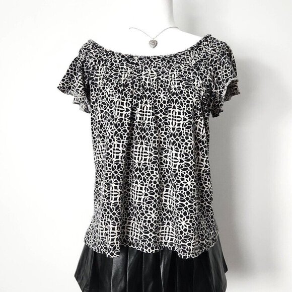 Vtg Y2K Flutter Sleeve Blouse Large Pima Cotton Modal Black White Lattice Print - Picture 11 of 14